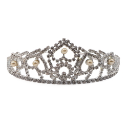 Vintage handmade crystal glass rhinestone hearts pearl bead tiara
