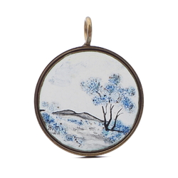 Vintage gold tone metal and hand painted landscape enamel pendant medallion