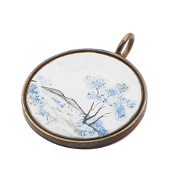 Vintage gold tone metal and hand painted landscape enamel pendant medallion