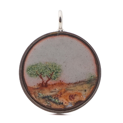 RESERVED Fujinyn Vintage silver metal and hand painted landscape enamel pendant medallion