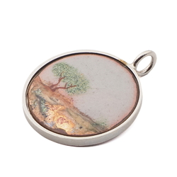 RESERVED Fujinyn Vintage silver metal and hand painted landscape enamel pendant medallion