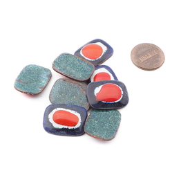 Lot (8) vintage Czech red white blue enamel glass over metal rectangle cabochons 21mm