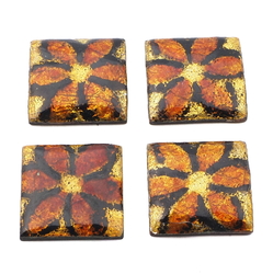 Lot (4) vintage Czech glass over foiled metal floral square cabochons 16mm
