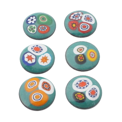 Lot (6) vintage Czech millefiori enamel glass over metal round cabochons 18mm