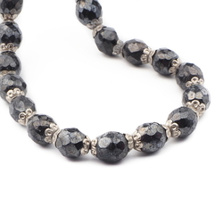 Vintage Czech necklace element hematite metallic black faceted glass beads 31"