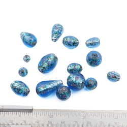 Lot (15) Czech foil spatter marble lined blue lampwork glass beads