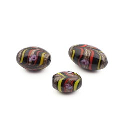 Lot (3) Czech feather marble black oval lampwork glass beads 