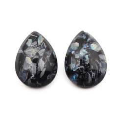 Lot (2) Czech black satin marble paperweight teardrop glass cabochons 15x11mm