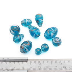 Lot (10) Czech aventurine gold white swirl blue lampwork glass beads