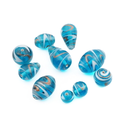 Lot (10) Czech aventurine gold white swirl blue lampwork glass beads