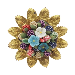 Vintage Czech glass bead berry and flower bouquet gold pin brooch