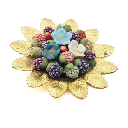 Vintage Czech glass bead berry and flower bouquet gold pin brooch