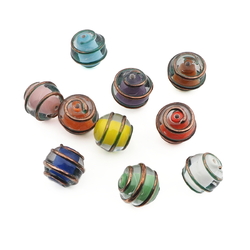 Lot (10) Czech lined bicolor copper overlay round lampwork glass beads 12mm