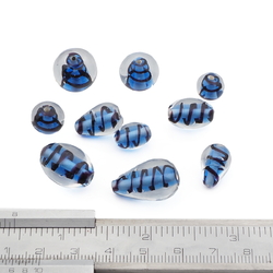 Lot (10) Czech black spiral lined blue clear bicolor lampwork glass beads