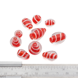 Lot (10) Czech red white spiral lined clear lampwork glass beads