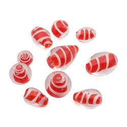 Lot (10) Czech red white spiral lined clear lampwork glass beads