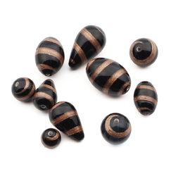 Lot (10) Czech aventurine gold spiral black lampwork glass beads