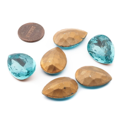 Lot (6) Czech vintage foiled aqua blue teardrop glass rhinestones 25x18mm
