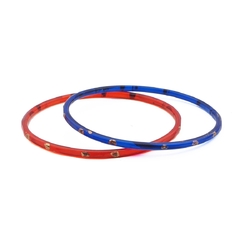 Lot (2) Antique Czech blue red glass bangles hoops gold gilt 47mm