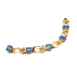 Czech vintage gold floral scroll link bracelet blue glass rhinestones