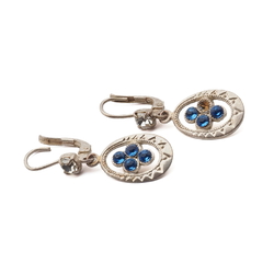 Pair Czech Deco vintage blue clear rhinestone silver earrings