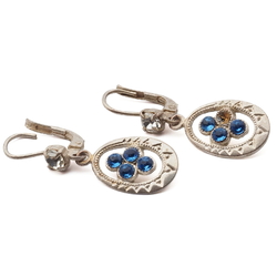 Pair Czech Deco vintage blue clear rhinestone silver earrings