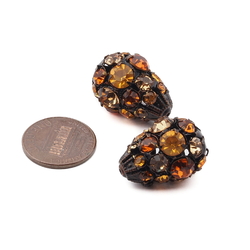 Lot (2) Czech amber jonquil glass rhinestone teardrop metal ball beads 23mm