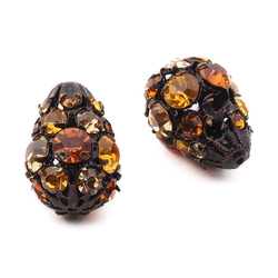 Lot (2) Czech amber jonquil glass rhinestone teardrop metal ball beads 23mm