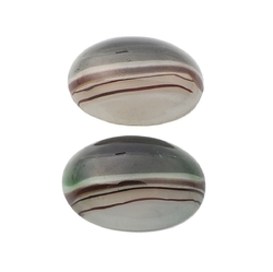 Lot (2) Czech vintage green grey striped satin oval glass cabochons 25mm