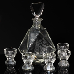 Antique Czech grapes and vine engraved crystal glass Decanter shot glass set