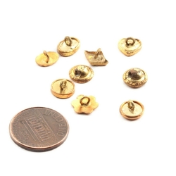 Lot (9) Vintage German brass round, heart and flower tiny dimi doll size buttons