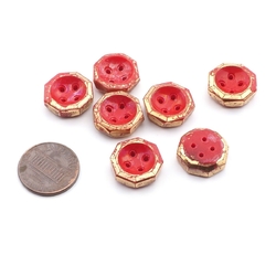 Lot (7) vintage Czech Art Deco gold gilt red octagon glass buttons 16mm