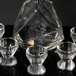 Antique Czech grapes and vine engraved crystal glass Decanter shot glass set