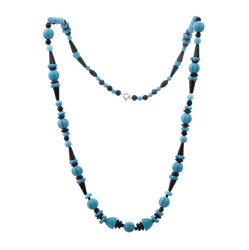 Vintage necklace Czech Art Deco blue black glass beads 28"