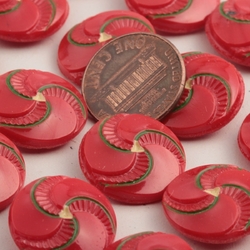 Card (23) Vintage Czech Deco 1920's hand painted red spiral glass buttons 18mm