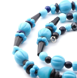 Vintage necklace Czech Art Deco blue black glass beads 28"