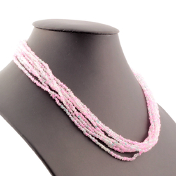 Vintage Czech 8 strand necklace pink white lined clear oblique seed glass bead