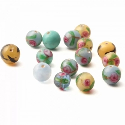 Lot (15) Vintage Czech lampwork glass beads satin floral yellow marble blue satin