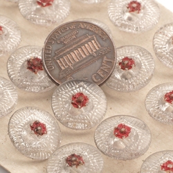 Card (24) vintage Czech 1930's red flower clear glass buttons 14mm