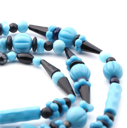 Vintage necklace Czech Art Deco blue black glass beads 28"