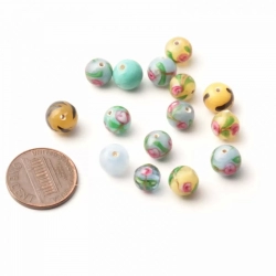 Lot (15) Vintage Czech lampwork glass beads satin floral yellow marble blue satin