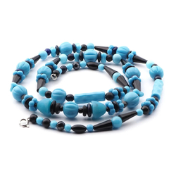 Vintage necklace Czech Art Deco blue black glass beads 28"