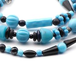 Vintage necklace Czech Art Deco blue black glass beads 28"
