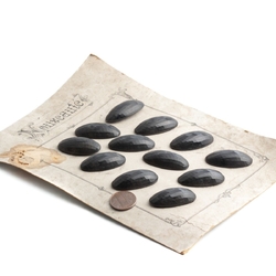 Card (12) large Deco 1920's vintage Czech oval faceted black glass buttons 34mm