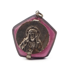 Vintage Czech purple glass religious miniature rosary locket pendant