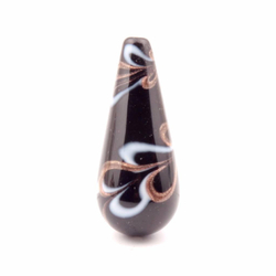 Vintage Czech lampwork glass bead aventurine white swirl black teardrop 35mm 