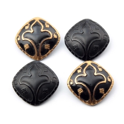 Lot (4) Czech antique C19th floral gold gilt black square glass buttons 24mm