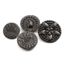 Lot(4) Antique Victorian Czech lacy style floral black glass buttons
