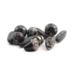 Lot (11) Czech vintage spot overlay lampwork molded black glass beads