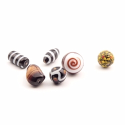 Lot (6) vintage Czech bicolor swirl marble overlay lampwork glass beads